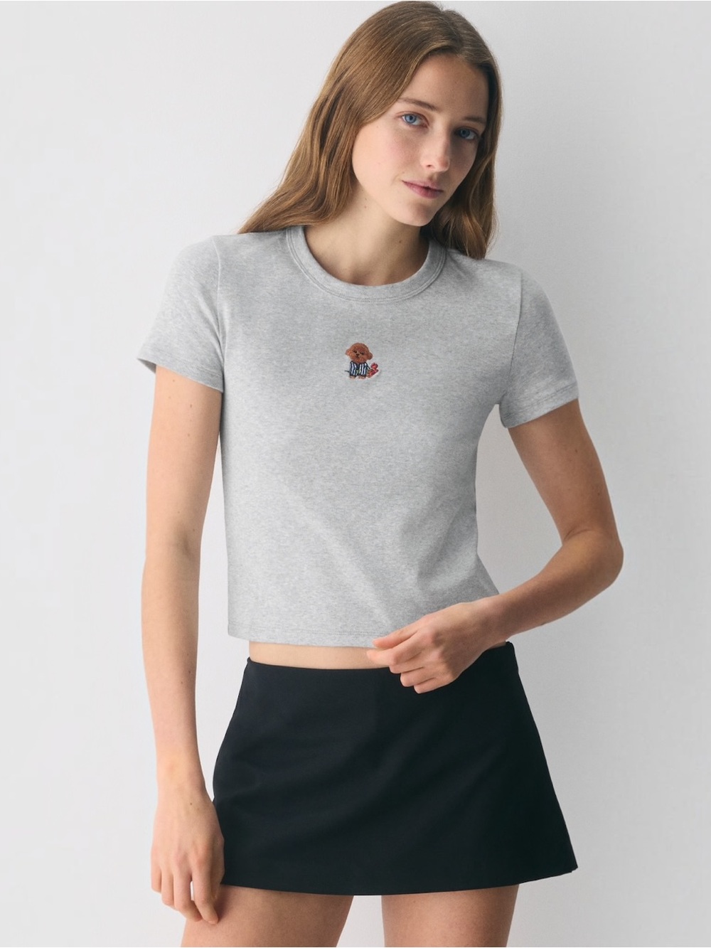 Sunday Best grey ribbed baby tee features an embroidered dog graphic.